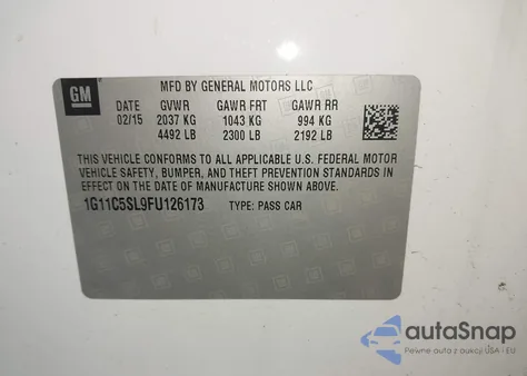 2015 Chevrolet Malibu 1Lt z USA, uszkodzony, nr VIN 1G11C5SL9FU126173